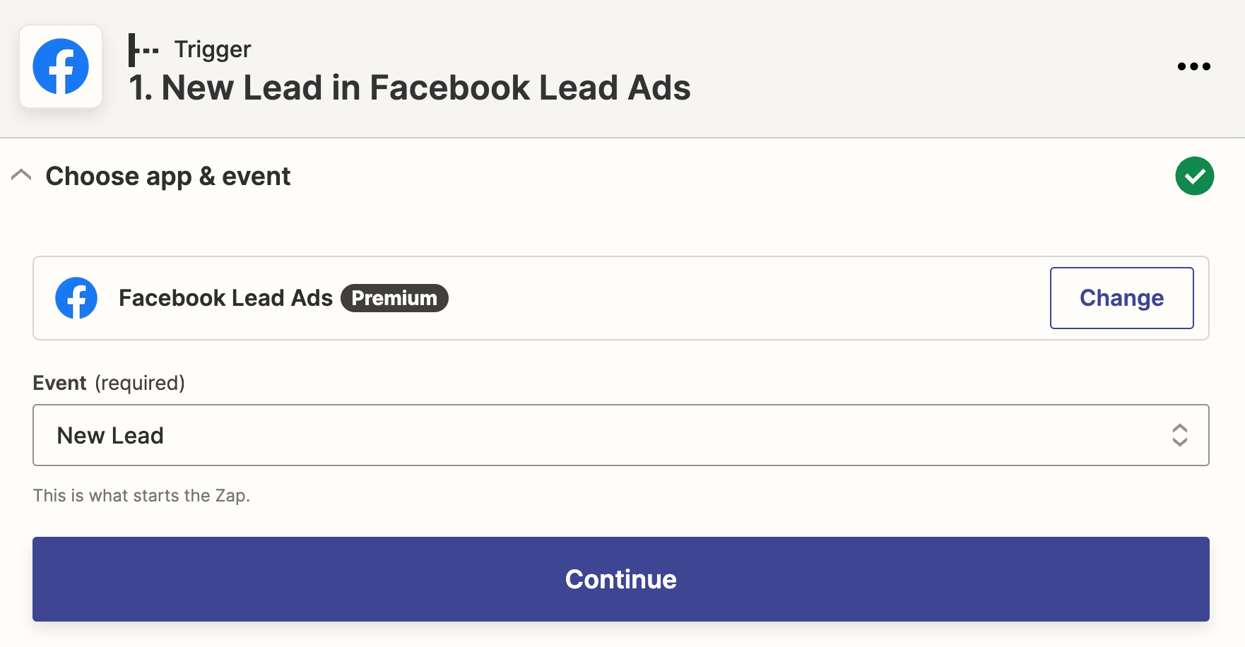 Zapier Facebook Lead Ads Trigger Step 1