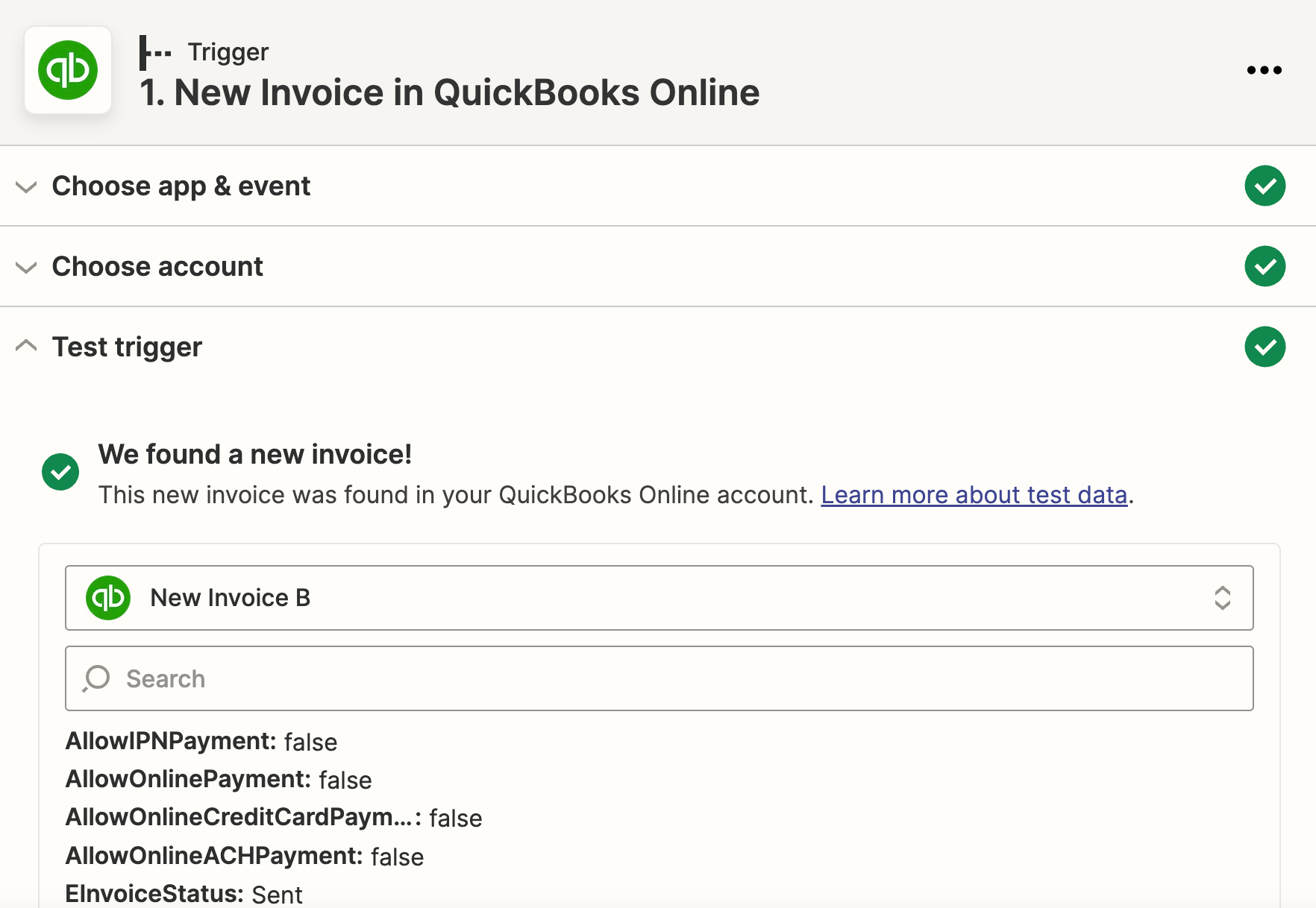 Zapier Quickbooks Online Invoice Trigger Step 4